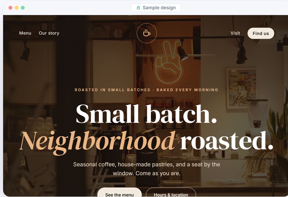 Sample website design for a neighborhood coffee shop, with warm espresso tones