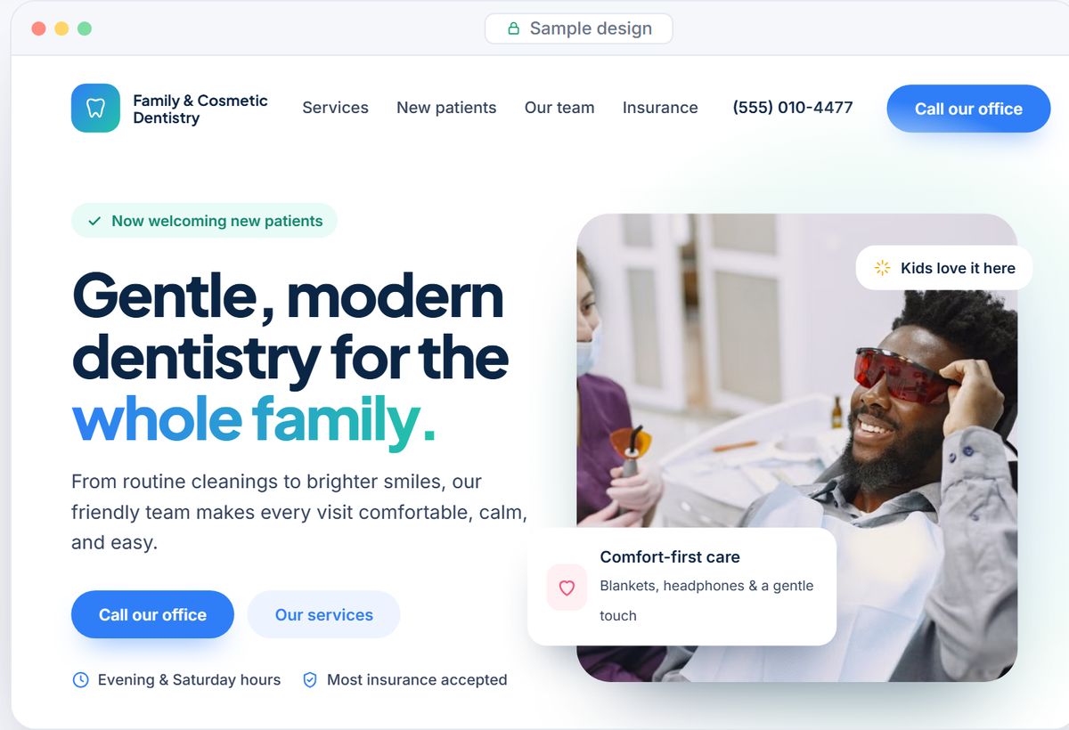 Sample website design for a family dental practice, bright with soft blue accents