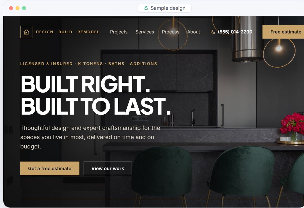 Sample website design for a home remodeling business, with a dark hero photo and a free-estimate button