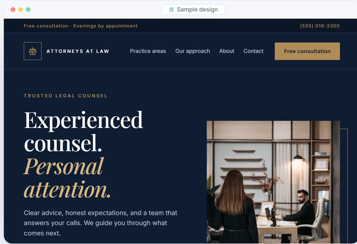 Sample website design for a law office, in deep navy and gold
