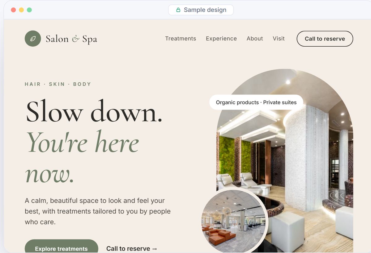 Sample website design for a salon and spa, in soft sand and sage tones